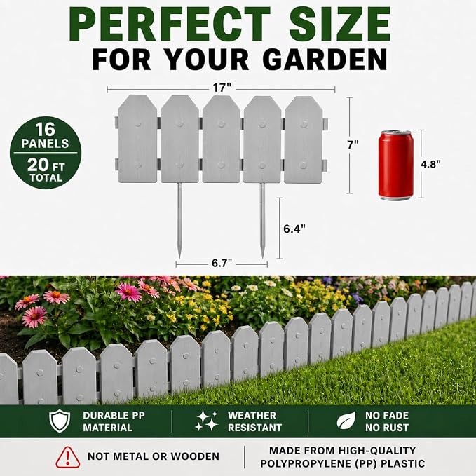 Evelyne Garden Border Edging: Wooden Grain Fence Dog Ear Design - Landscaping Fence Liner Lawn Edge Barrier - Decorative Lawn Landscape Panels Elements -Landscaping Edging (Gray, 10ft.)