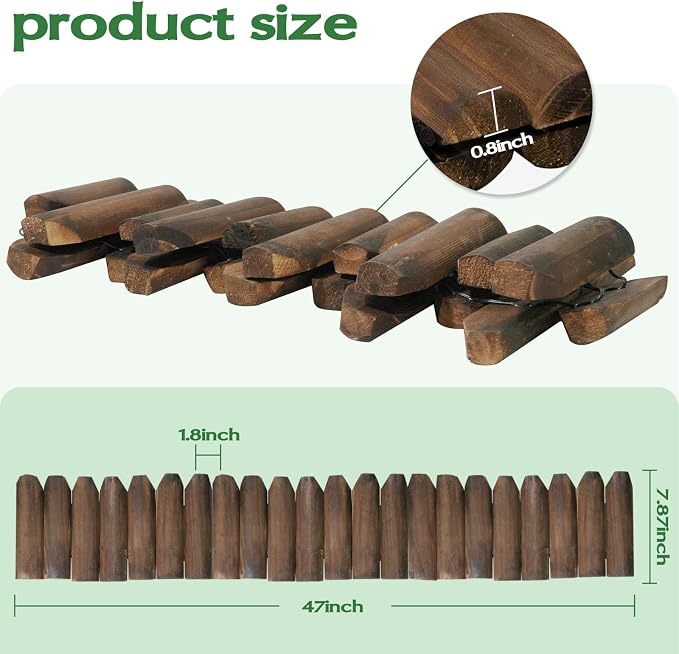 Wood Garden Edging for Landscaping – Half-Round Border Fence for Flower Beds， Pathways & Patio， Natural Decorative Wooden Panels for Garden Landscaping， 7.8in H x 4.0 ft L (1 Pack)