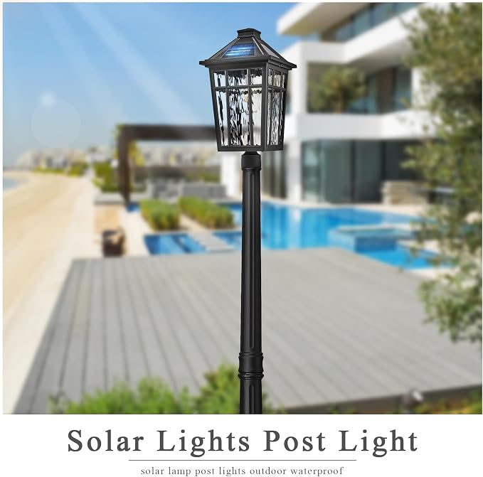 Outdoor Solar Lamp Post Light Dusk to Dawn Waterproof Solar Pole Lights with Water Ripple Glass 80.7 Inch Height Aluminum Black Street Light with Remote Control and LED Bulb