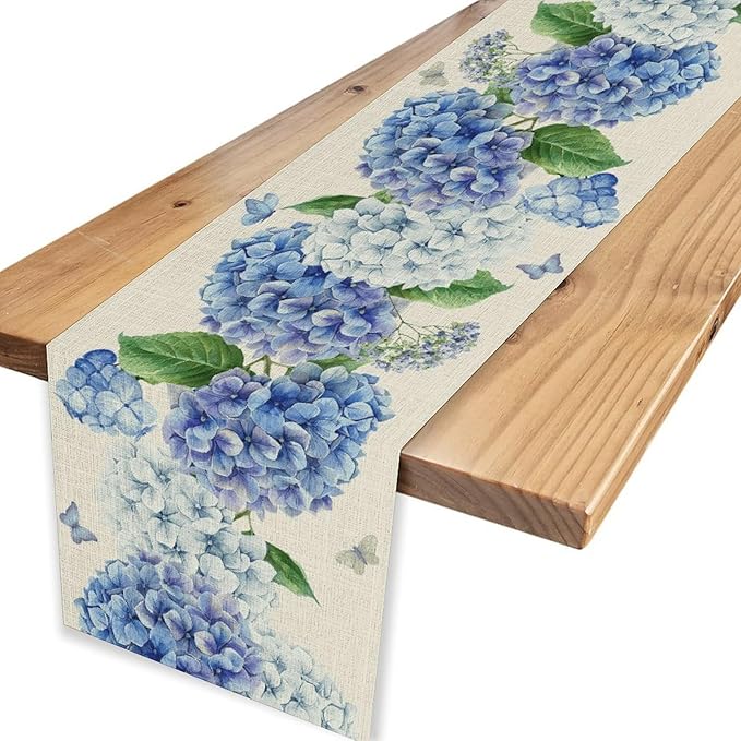 Blue Floral Table Runner, Rustic Watercolor Hydrangea Spring Summer Seasonal Flower Butterfly Coffee Table Center Decor for Family Kitchen and Dining Party FarmhouseTable Decorations, 13"x72"