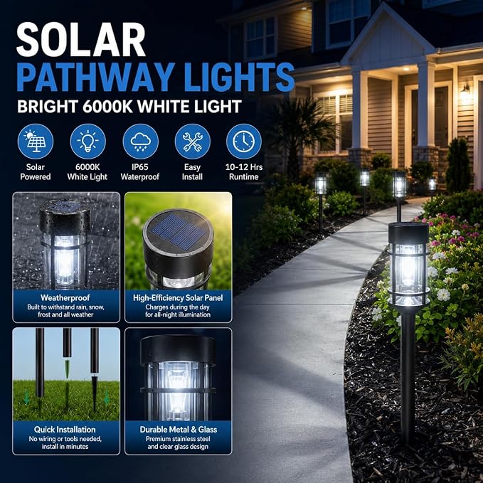 ILANCK 12 Pack Solar Lights Outdoor Parhway, Metal & Glass 21" Large Solar Pathway Lights, Solar Powered Garden Lights for Yard, Landscape, Driveway Walkway