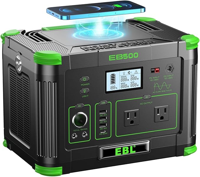 EBL Portable Power Station 500w(Peak 1000W), Camping Solar 519Wh Outdoor Solar Generator Backup Battery Pack with 2 110V AC Outlets, 10-Port Powerhouse for Outdoor and Indoor Emergency Use