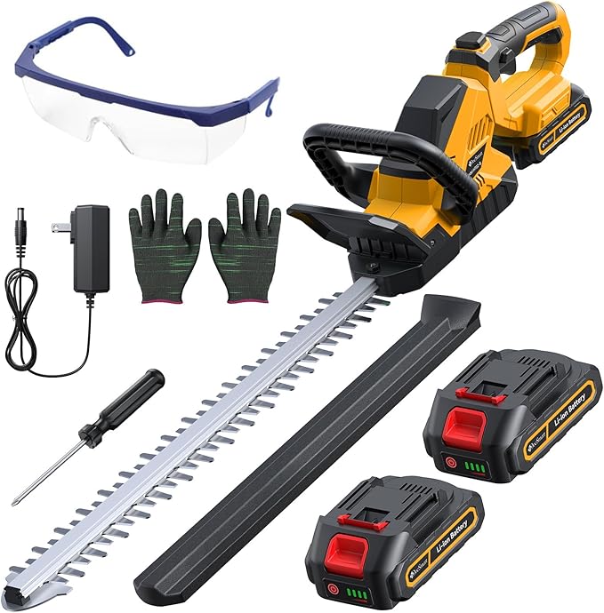 20'' Hedge Trimmer Cordless with Battery, 3000RPM Electric Handheld Bush Clipper with 2pcs 2000mAh Rechargeable Batteries, 180° Rotatable Head, 2/3'' Blade Gap Yellow,Gifts for Mother’s Day