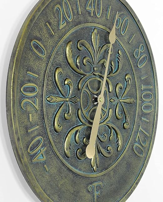 Blanc Fleur Aged Bronze - 15in Round Wall Thermometer, Aged Bronze Finish Case, Water Resistant