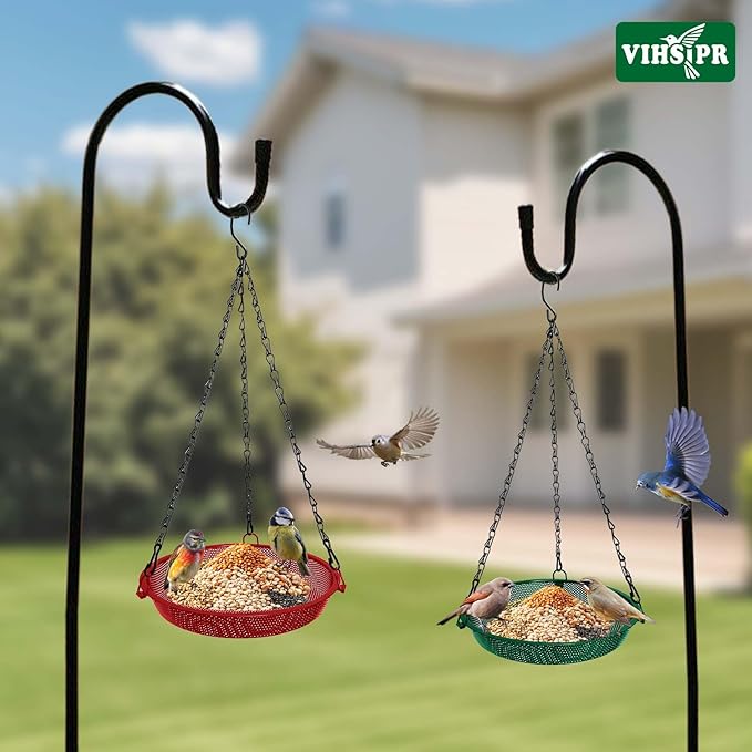 Hanging Bird Feeder for Outdoors – 9 in Metal Mesh Bird Feeder Tray Platform for Small Wild Birds, Red