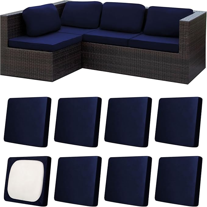 8Pcs Patio Cushion Covers,Outdoor Cushions Covers,Stretch Cushion Covers Replacement, Washable and Reusable Furniture Protectors(Navy Blue)