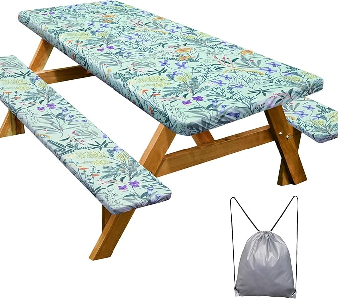 Picnic Table Cover with Bench Covers Camping Essentials Waterproof Windproof Camping Tablecloth with Drawstring Bag, Fitted Rectangle Tables and Seats, 96in, Gray Blue