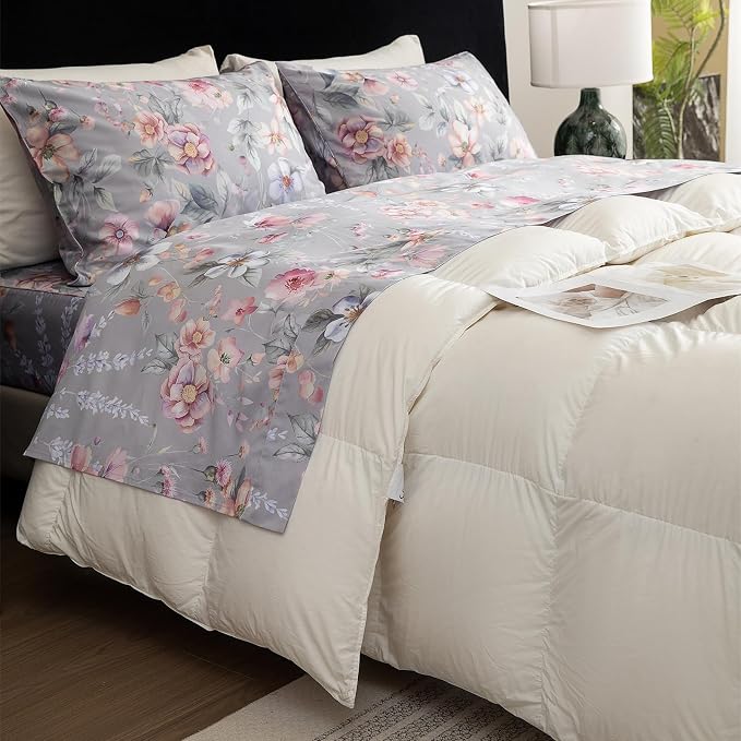 QSH Gray Floral Egyptian Cotton Sheets King Size,Luxury Silk Feel Botanical Flowers Pattern Printed Bed Sheets Sets King Size Aesthetic Soft and Breathable 17.5" Deep Pockets Bedding Sheets 4pcs