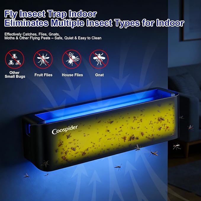UV Fruit Fly & Gnat Trap Indoor, Fungus Gnat Trap for Houseplants, Wall-Mounted Fly Light Trap with 5 Sticky Glue Boards, Quiet No-Zap Bug Catcher for Kitchen, Living Room, Bedroom