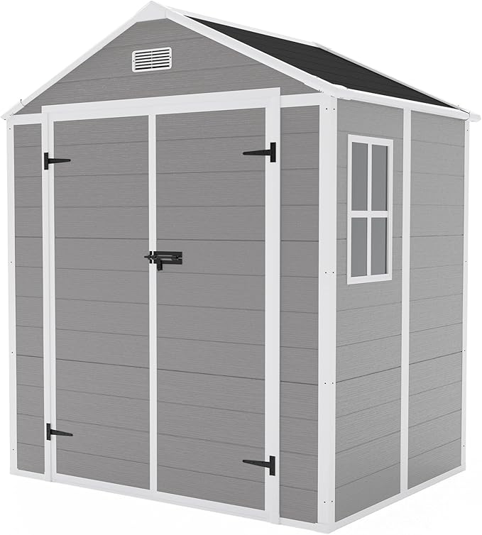 YOPTO 6x5 FT Resin Storage Shed,Garden House with Floor & Lockable Door,Waterproof Plastic Tool Sheds W/Slanting Roof Visual Window & Air Vents for Bicycles,Lawnmowers,Lawn,All Weather Use,Gray