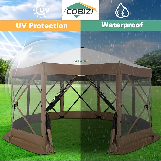 COBIZI 15x15 FT Pop Up Gazebo - Canopy Tent, Large Gazebos On Clearance,Instant Screened in Gazebo,carpas para Patio,Portable Screen Tents for 12-15 Persons Outdoor Camping, Backyard, Brown