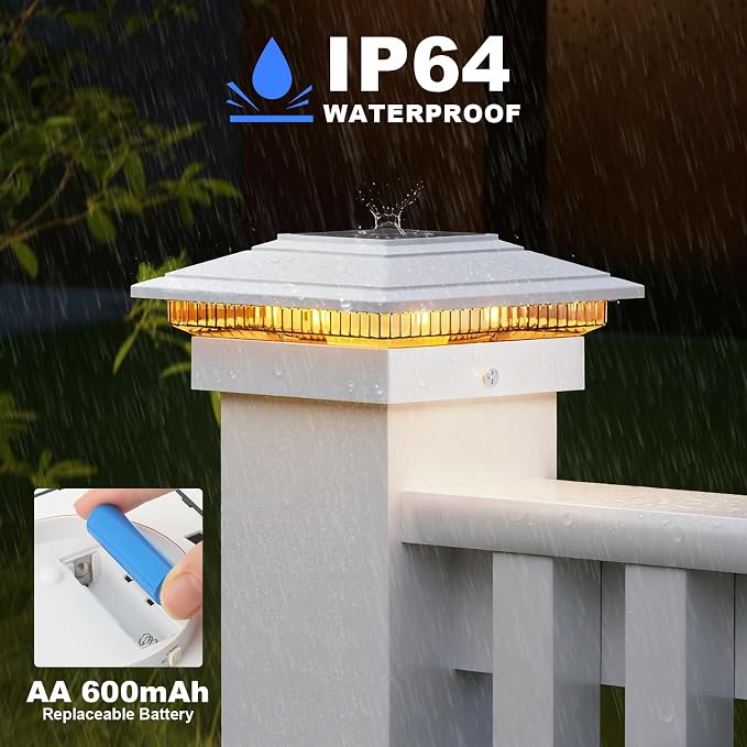 APONUO Solar Post Cap Lights Color Changing - RGB 8 Solid & Gradient Colors, IP65 Waterproof, for 4x4 5x5 6x6 Wood Vinyl Fences, Deck, Patio, Yard, White, 6 Pack