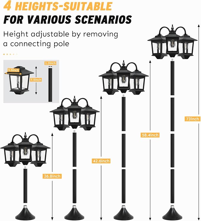 73" Aluminum Solar Lamp Post Light, 3-Head Solar Light Posts for Outside Waterproof, 90Lm Outdoor Lamps for Patio, Backyard, Front Porch Decor, Warm White, Replaceable Bulb