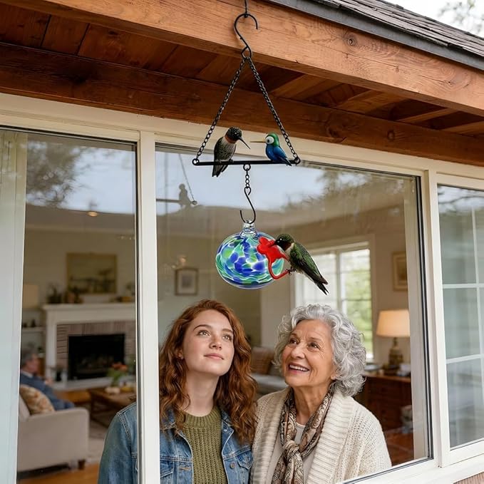 Headak Life Hummingbird Feeder for Outdoors Hanging,Metal Hummingbird Swing with Hand Blown Glass Hummingbird Feeder,Artistic Bird Perch & Garden Decor, Unique Gardening Gifts for Women(Deep Blue)
