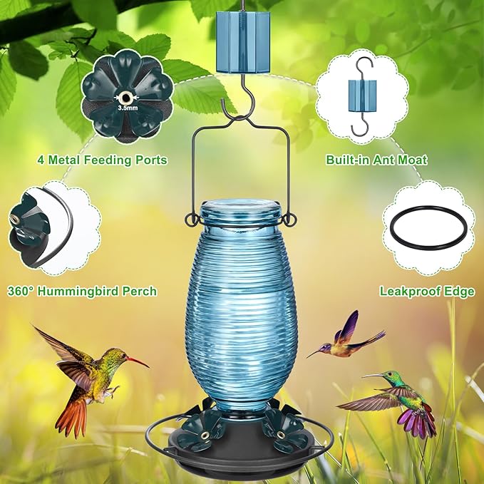 FEED GARDEN Glass Hummingbird Feeder for Outdoors Hanging, 20 OZ Humming Birds Feeders with 6 Bee Guard Feeding Ports & Built-in Ant Moat, Bird Feeder for Outside, Blue,1 Pack