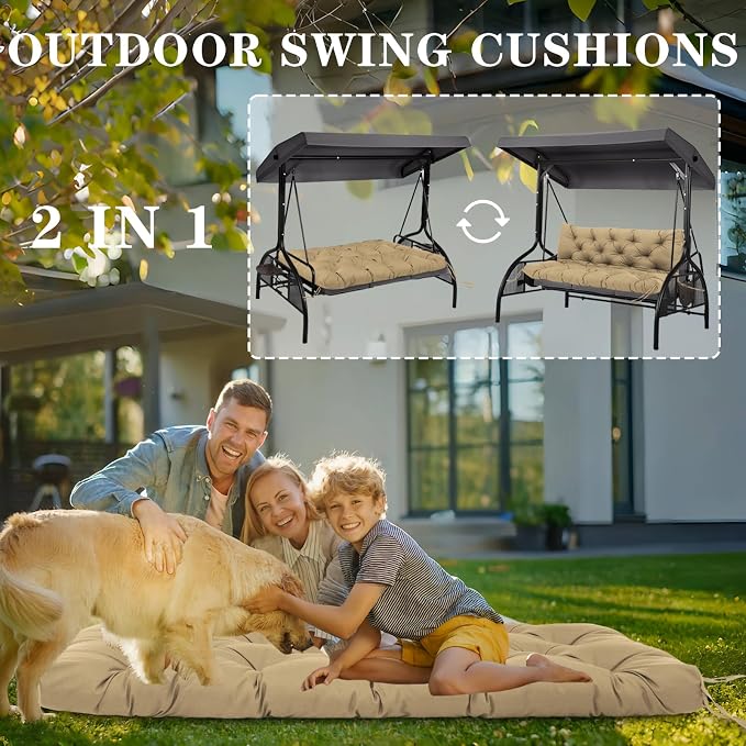 Porch Swing Cushions Outdoor, 5 Inch Thick Waterproof 2-3 Seater Replacement Swing Cushion with Backrest and Anti-Slip Ties, Perfect for Porch, Patio, Garden, Outdoor Bench Furniture, 60×40×5 Inch