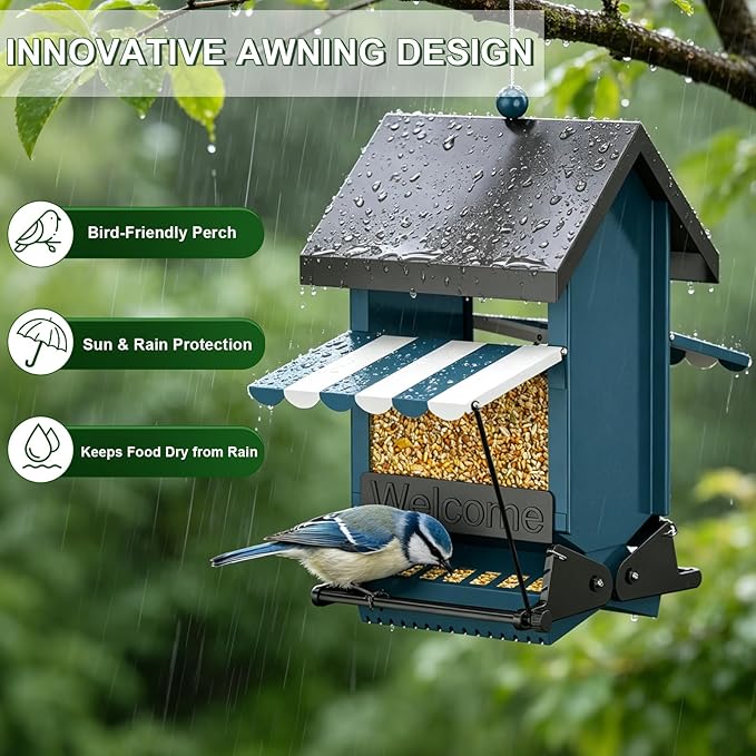 Squirrel Proof Bird Feeder Heavy Duty, 5LB Metal Hanging Bird Feeder for Outdoors with Weight-Activated, Easy to Fill & Clean, Wild Bird Feeder for Cardinals, Bluebirds, Finches, Chickadees& All Birds