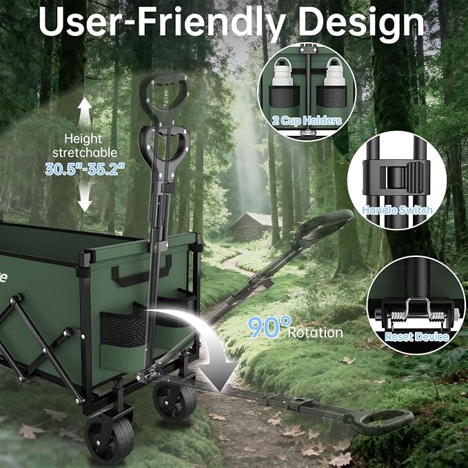 Extra Long Collapsible Wagon Cart, 480LBS Heavy Duty Utility Wagons with All-Terrain Wheels, Foldable Grocery Carts for Gardening, Shopping, Beach, Camping, Army Green