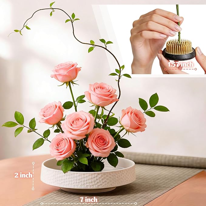Japanese Ikebana Vase Kit, Flower Shallow Container Ceramics Flower Bowl Ikebana Vase with 1.57inch Flower Frog and Floral Frog Floristry Kenzan Needle Straightening Tool