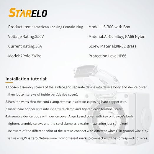 STARELO 30 Amp Locking Female Plug Box NEMA L6-30C Generator Twist Lock Adapter Female Connector,250 Volt,Outdoor dustproof and Weatherproof for generators, Welding Machines, etc.ETL Listed.