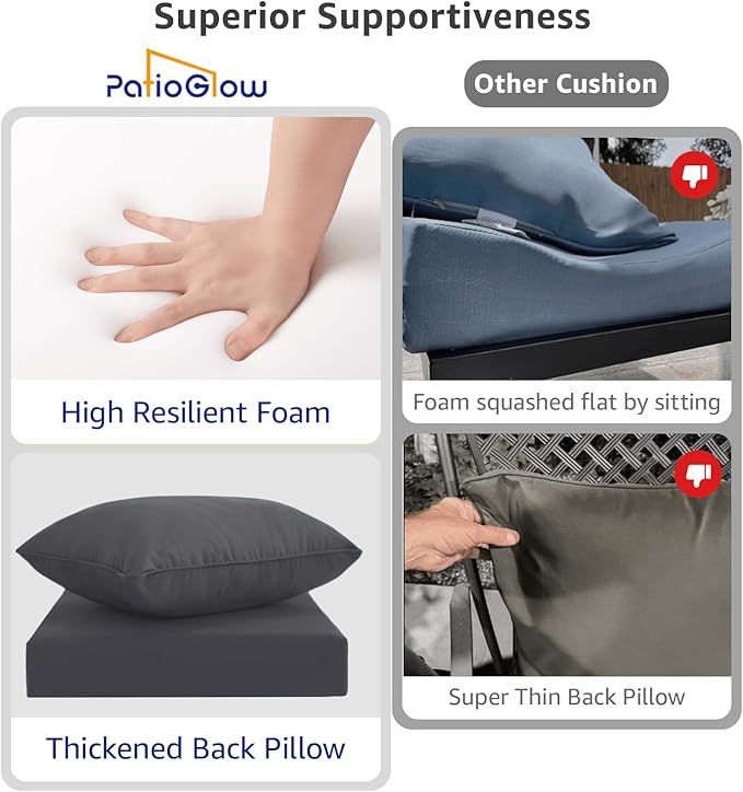PatioGlow Outdoor Seat Cushion Set 22 x 22 x 4 Inch, Waterproof & Fade Resistant Patio Furniture Cushions with Removable Cover and Ties, Thick Deep Seating Pads for Outside Chair Sofa Couch, Grey