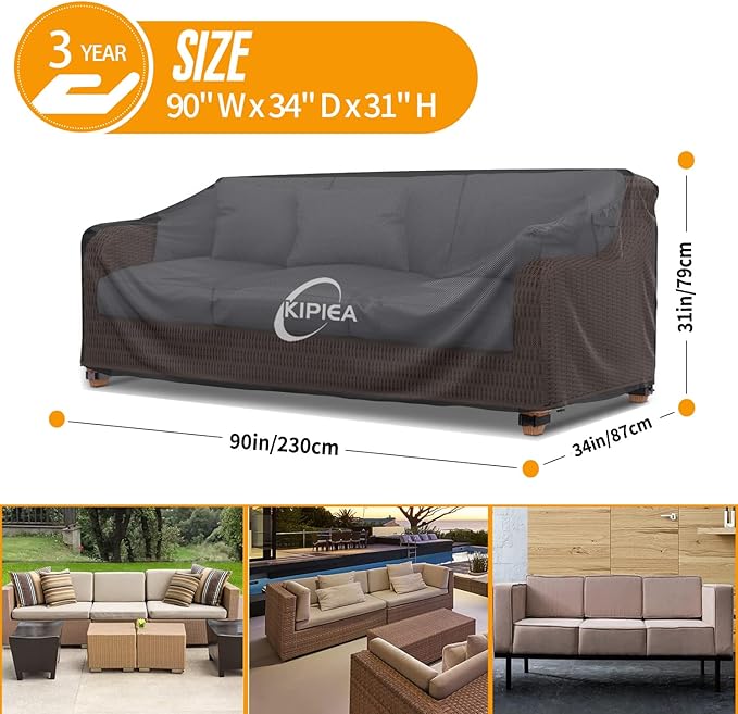 Kipiea Patio Sofa Cover, Heavy Duty Outdoor Couch Covers Waterproof Winter, 2-Seat Patio Furniture Cover Loveseat, Outdoor Sofa Covers with Anti UV and No Tears, No Fading (90" W x 34" D x 31" H)