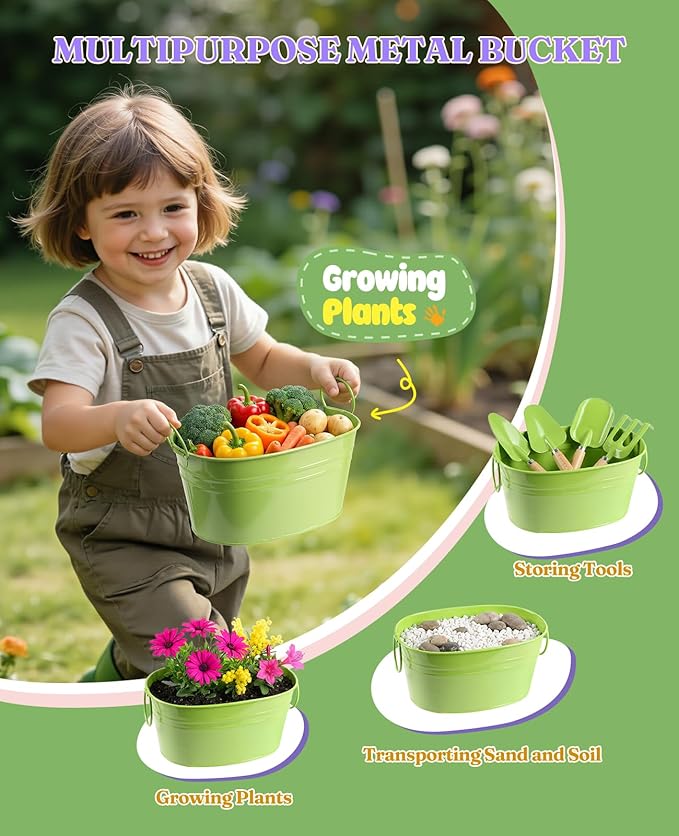 8Pcs Kids Gardening Set with Metal Basket & Real Metal Tools, STEM Outdoor Kit, Ergonomic Wooden Handles, 3 Shovels, Rake, Watering Can, Gloves, Gift for Toddler Boys Girls, Green