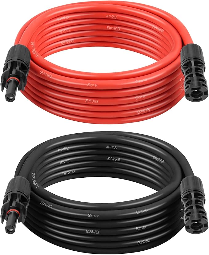 Solar Panel Extension Cable - 8AWG 15FT Solar Wire with Female & Male Waterproof Connector PV Wire for RV, Photovoltaic Systems, Home, Boat, Solar Panels, Car(15 Feet Red + 15 Feet Black)