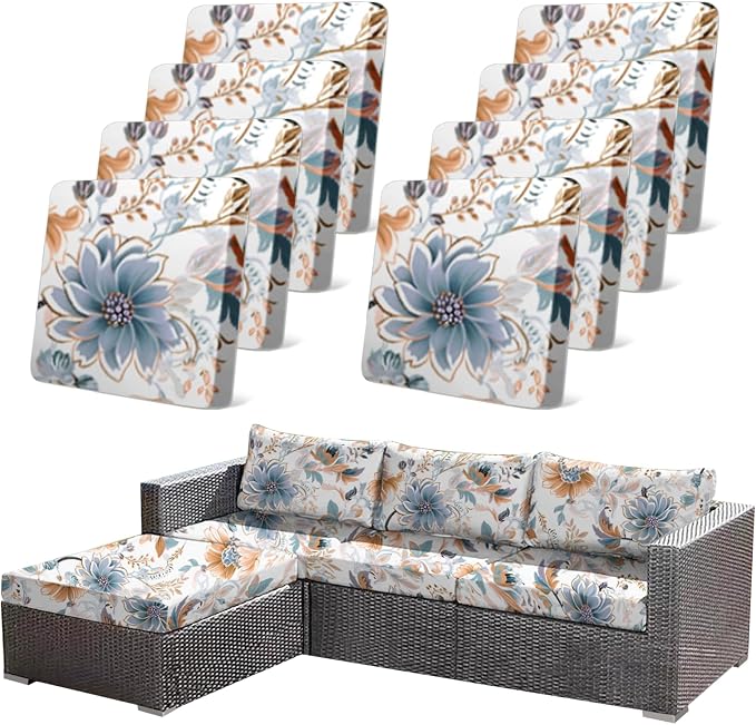 CALBODE 8Pcs High Elastic Digitally Printed Sofa Seat Cushion Cover, Soft & Comfortable Reusable Floral Print Stretch Couch Cushion Slipcover for Outdoor Furniture Protector Replacement, All-Season