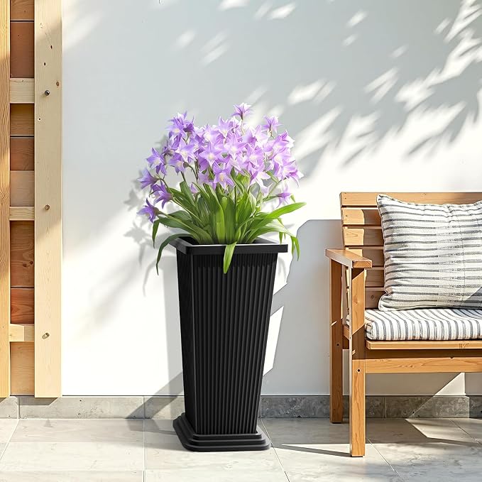 24in Tall Planters Set of 2 with Saucers, Black Stripe | Built-in drainage system, Durable composite plastic, Fade-resistant design, Weather Resistant, Patio & porch decor