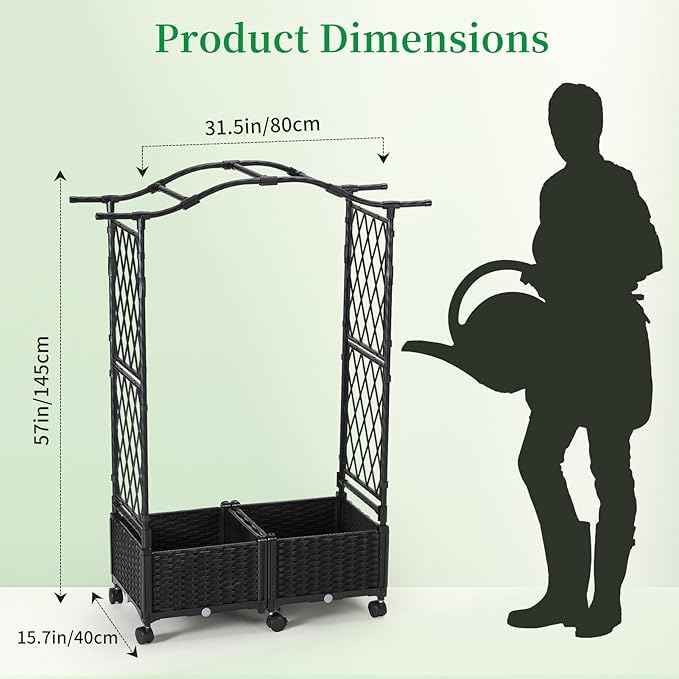 FOLLOOK Planter Box with Trellis Outdoor, 57in Plastic Raised Garden Bed with Trellis Hanging Roof for Vine Flower, with Lockable Wheels & Drain Plug for Patio Backyard Balcony, Black, 1 Pc