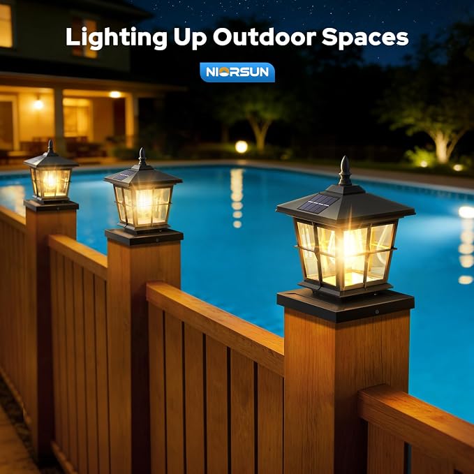 NIORSUN Solar Post Lights Outdoor, Fence Post Solar Lights with 3 Color Temperatures, Edison LED Bulbs Garden Patio Fence Deck Decor, 4x4 Posts Caps, 4x4, 5x5 Wooden & Vinyl (2 Pack,Black)