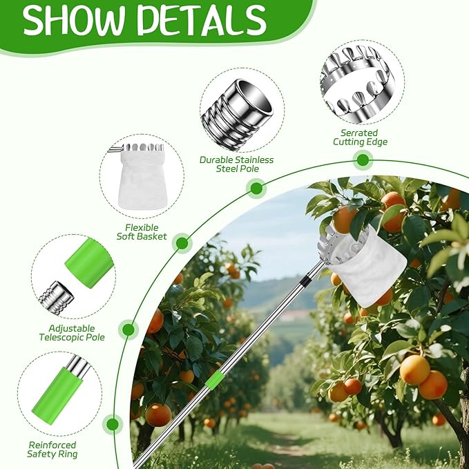 BURMONG 6.6 FT Fruit Picker Tool with Stainless Steel Pole & Soft Cloth Basket – Lightweight Tree Fruit Harvester for Apple, Mango, Orange, Pear, Lemon, Plum & More – Rust-Resistant, Easy Assembly
