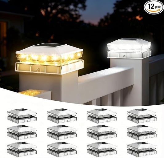 KEILAIMO Solar Post Cap Lights Outdoor, 12 Pack Upgraded Waterproof Deck Fence Post Solar Lights for 3.5x3.5 4x4 5x5 Vinyl/Wood Posts, 10-12 Hours Warm/Cool White Glow for Garden/Patio/Porch - White