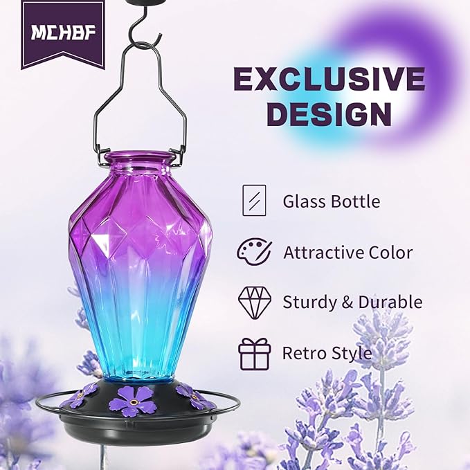 Glass Hummingbird Feeders for Outdoor Hanging, 25 OZ Purple and 24 OZ Red