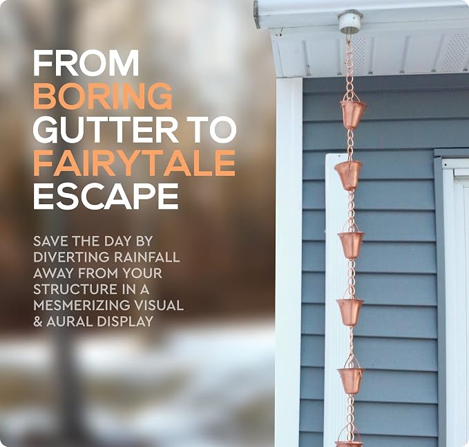 Copper Rain Chain – Decorative Chimes & Cups Replace Gutter Downspout & Divert Water Away from Home for Stunning Fountain Display – for Universal Fit