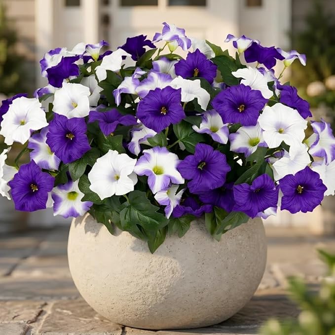 Geegoods Artificial Flowers Plants for Outdoors, 4 Bundles UV Resistant Fake Faux Petunias for Outdoor Planters Patio Front Porch Balcony Garden Decor