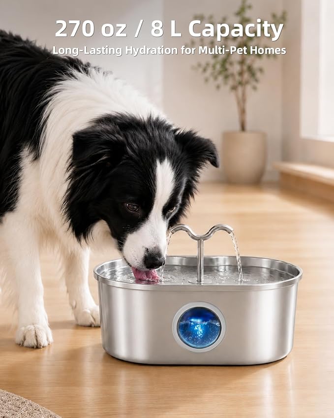 Dog Water Fountain, 270 oz / 2 Gallon / 8 L Stainless Steel Water Fountain for Indoor Multi-Pet Homes, Automatic Water Dispenser for Dogs & Cats, 3 Filters & Sponges Included
