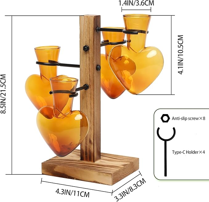 Plant Terrarium Propagation Stations with Wooden Stand | Glass Vase for Indoor Hydroponics Home Garden Office Decoration Gift for Women - 4 Love Bulb Vase