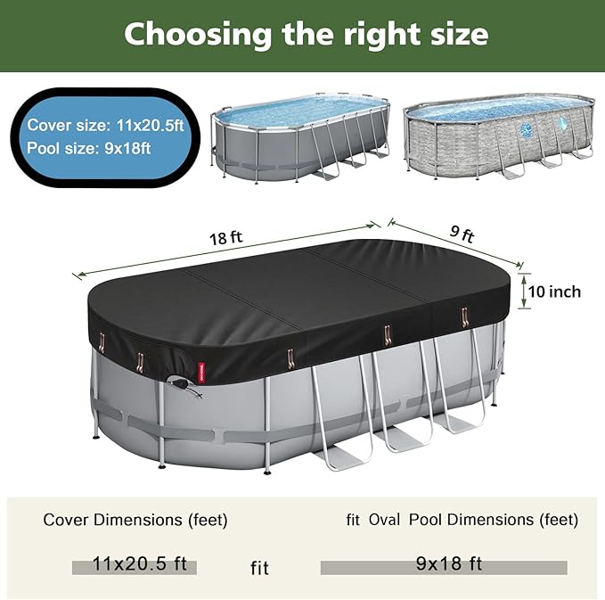 QH.HOME 9x18ft Oval Pool Cover,[Ultimate Windproof & Tear-Resistant Fabric],Snug Fit with Patented Ratchet & Weight Rings,Solar Pool Cover for Above Ground Pools, Blocks Leaves &Waterproof