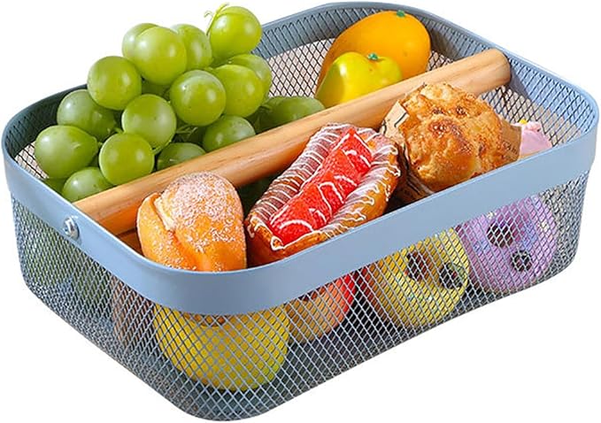 AJIODA Metal Mesh Steel Storage Basket, Garden Harvest Wire Organizer Basket Multi-functional Kitchen Fruit Basket with Wooden Removable Partition & Handle for Bathroom Picnic Decor Cabinet, Blue