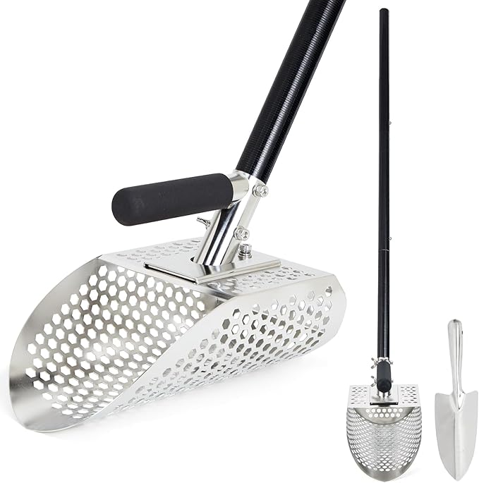 Sand Scoop for Metal Detecting, Stainless Steel Metal Detector Scoop, Metal Detecting Shovel with Long Fiberglass Handle, Metal Detector Accessories, Sand Sifter for The Beach, Sand Flea Rake