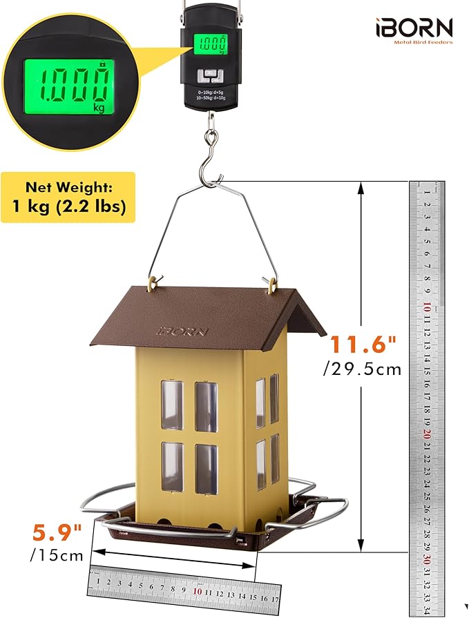 iBorn Bird Feeder House, Metal Bird Feeders for Outdoors Hanging,Double-Sided Metal Hanger & Weatherproof, Easy to Clean & Refill, 1.5 Lbs Capacity, Muted Yellow