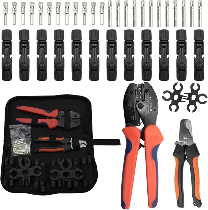 Solar Crimper Stripper Tool Kit，With Wire Stripper, 12 Pairs Solar Connectors, 1 PCS Stainless Steel Wire Cable Cutter, 1Pair Solar Spanner Wrench