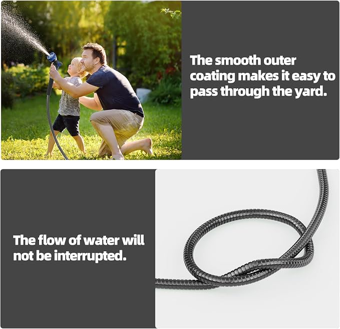 SPECILITE 50ft 304 Stainless Steel Garden Hose Metal, Heavy Duty Water Pipe with Nozzles for Yard, Outdoor - Flexible, Never Kink & Tangle, Puncture Resistant (Black)
