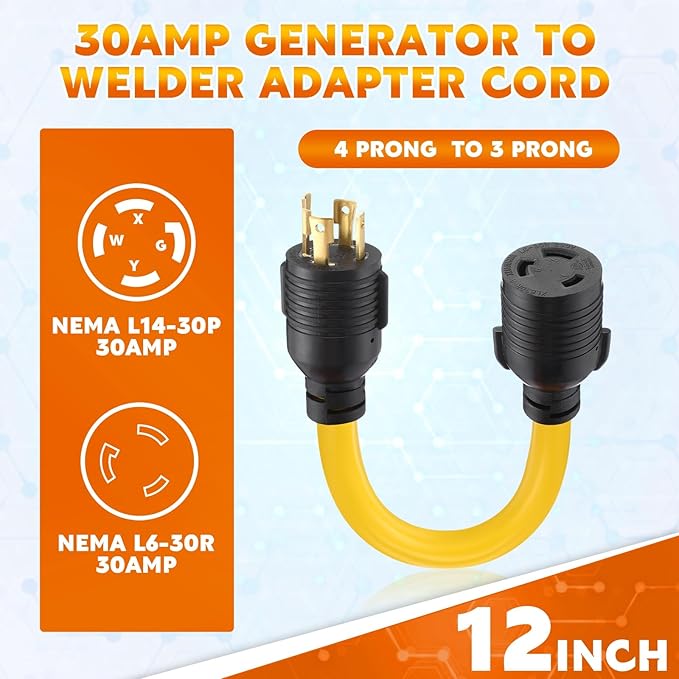 Tellegloww NEMA L14-30P to L6-30R Generator to Welder Adapter 30 Amp 4 Prong Male to 3 Prong Female Adapter Generator Welder EV Charger Power Cord, 10 AWG STW, 1FT, ETL Listed