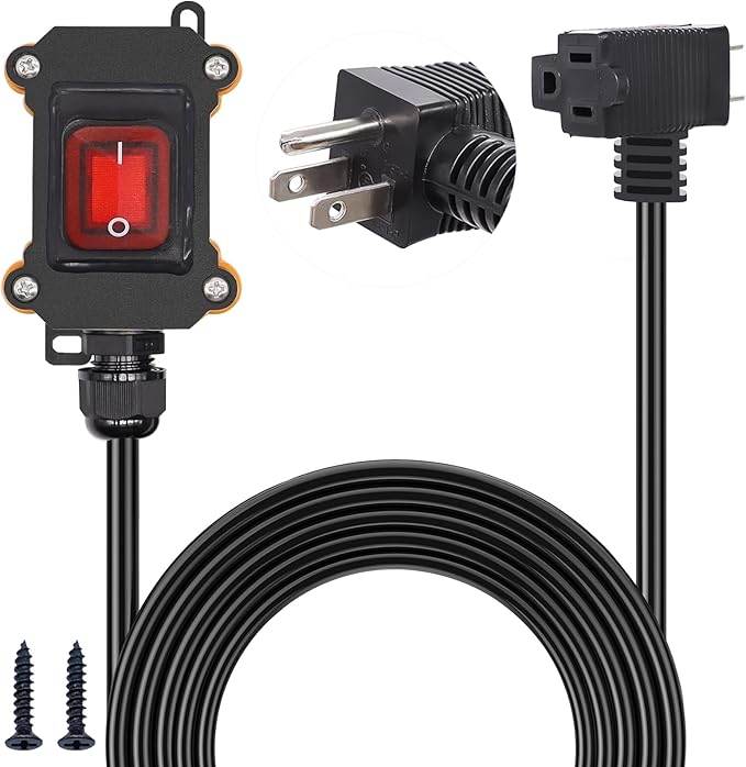 TWTADE IP67 Waterproof Inline Cord Switch with 18AWG 10ft Cable Piggyback Plug (3-Pronged), Extension Cord with On/Off Switch, Outdoor Power Switches with Red Light Rocker Button 20A/125V 16A/250V AC
