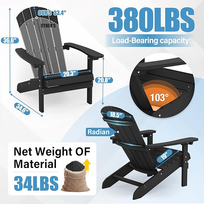 YEFU Adirondack Chairs Set of 2: Outdoor Chair HIPS Plastic Adirondack Chairs - Patio Chairs with Wood Texture - Lawn Fire Pit Deck Porch Garden Chairs for Adults (Black)