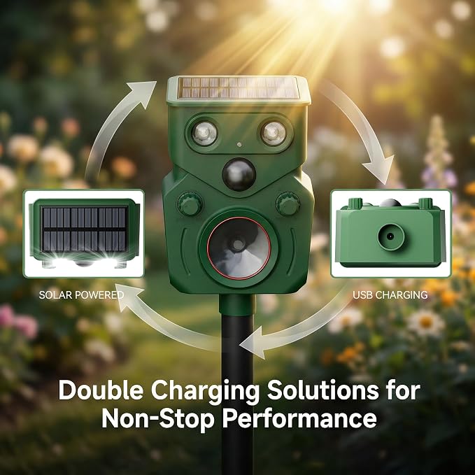 Ultrasonic Deer Repellent Devices 2 Packs , 2026 Upgrade Solar Animal Repeller with Motion Sensor & LED Lights, Waterproof Cat Deterrent Outdoor, Effective Repel Deer, Coyote, Raccoon, and Dog