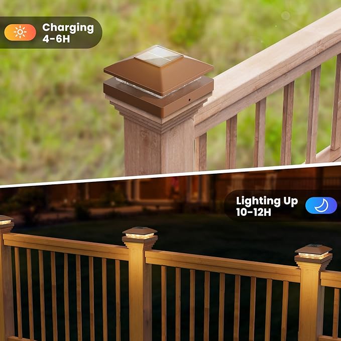 Solar Post Cap Lights Outdoor 16pack, Brown Waterproof Solar Powered Deck Fence Post Lights Fit 4x4 Wood/Vinyl Posts, Bright Warm White Solar Post Lights Decorate Deck, Patio, Porch, Fence (16pack)